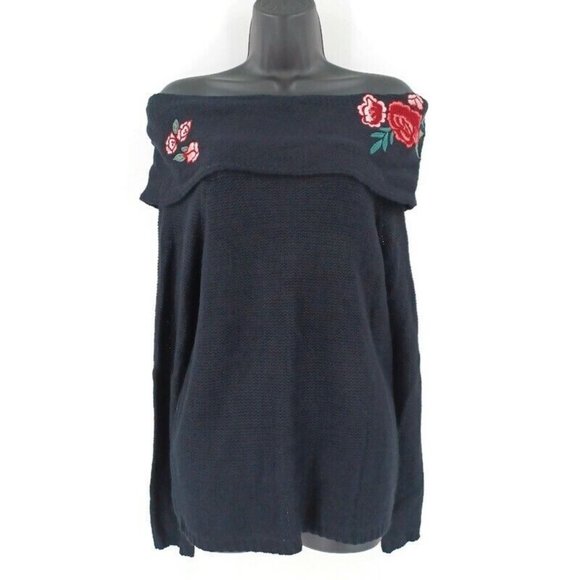 CLOUD CHASER Juniors Sz S Off-the-Shoulder Embroidered Floral Sweater Jet Black - Picture 2 of 16